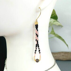 Rhodonite Gemstone Spiral Beaded Dangle Earrings, Pink & Black Seed Bead Jewelry